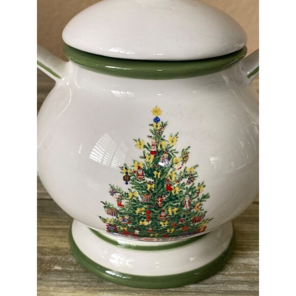 Radko Traditions Christmas Tree Sugar Bowl w/ Lid Green Trim 2000s - Picture 2 of 12